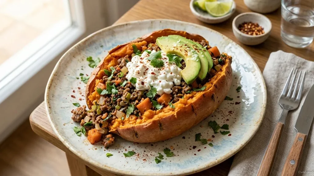 Boniato asado relleno de carne picada y verduras, con queso cottage y aguacate por encima, servido en un plato