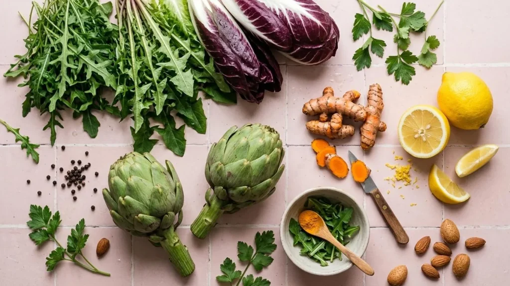 Verduras amargas y especias sobre una encimera rosa: rúcula, achicoria, alcachofas, cúrcuma fresca, limón, pimienta y almendras