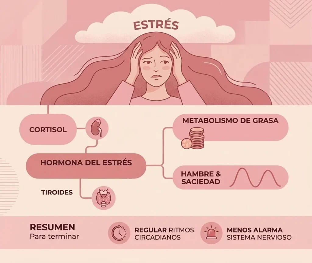Infografía: el estrés activa el cortisol, que afecta a la tiroides, al metabolismo de la grasa y al hambre y la saciedad. Para terminar: regular los ritmos circadianos y bajar la alarma del sistema nervioso.