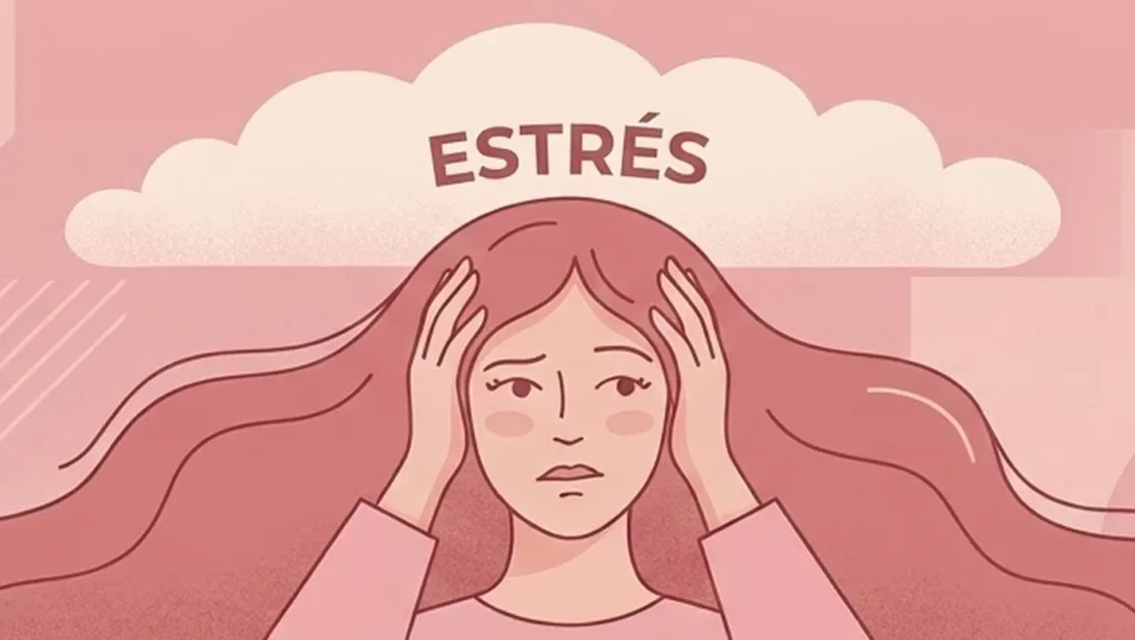 Ilustración de una mujer agobiada, con las manos en la cabeza, bajo una nube con la palabra «Estrés»